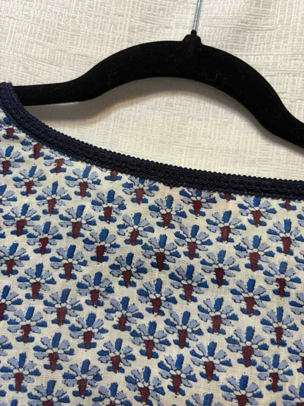 Tory Burch Blue Floral Geometric Print Split Neck Tunic Blouse Large